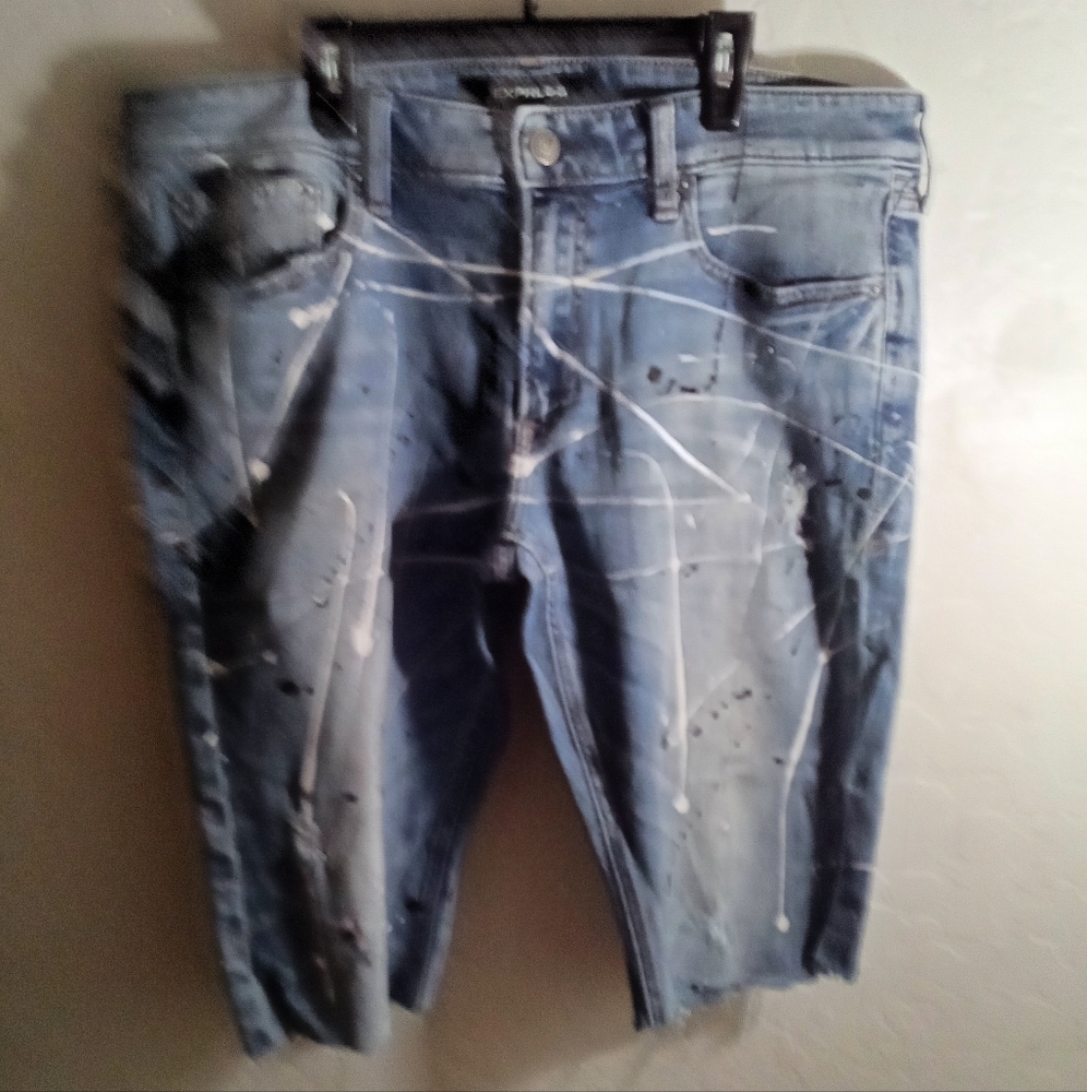 Express Men's Blue Distressed Jeans w/ (Why/Blue/Silver/Blk Splatter Paint Sz 34